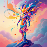 A vibrant figure emerges from swirling colors, embodying the essence of desires, with dynamic swirls and orbs radiating from a central point against a dreamy background.