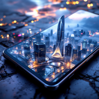 A smartphone displays a futuristic cityscape, featuring a striking tall tower, illuminated against a moody, misty background, reflecting the quote about prioritizing essential tasks.