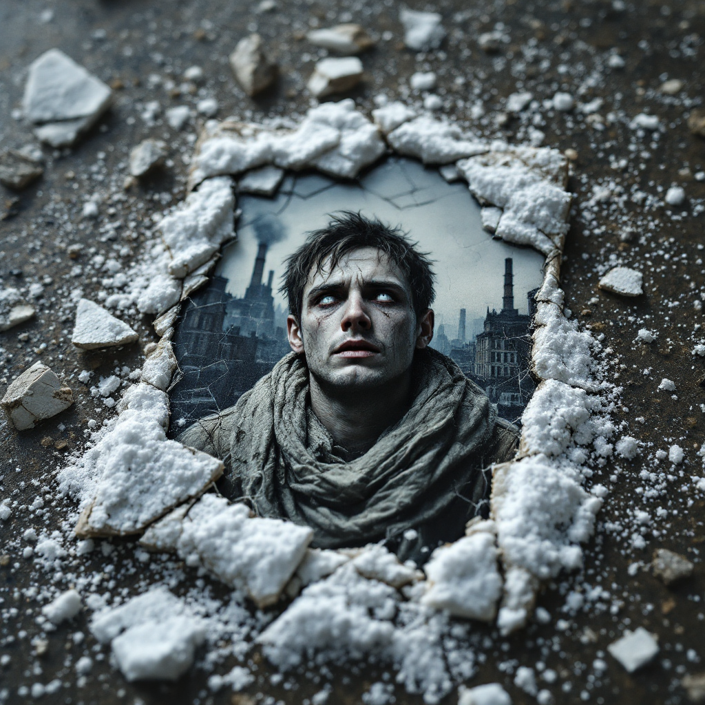 A weathered photograph of a somber young man with a tattered scarf, surrounded by debris and dust, symbolizes the crushing weight of poverty amid a desolate urban landscape.