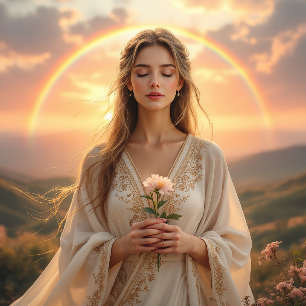 A serene woman in a flowing gown holds a flower against a backdrop of a radiant sunset and rainbow, embodying the essence of peace and the quote, The greatest victory is that which requires no battle.