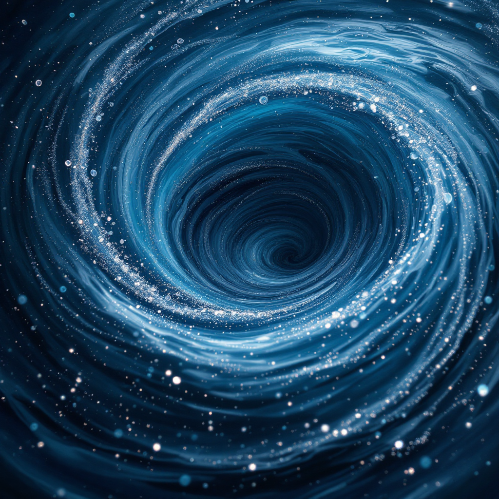 A swirling vortex of deep blue and sparkling stars captures the essence of storytelling, illustrating the allure of a captivating narrative over complex truths.