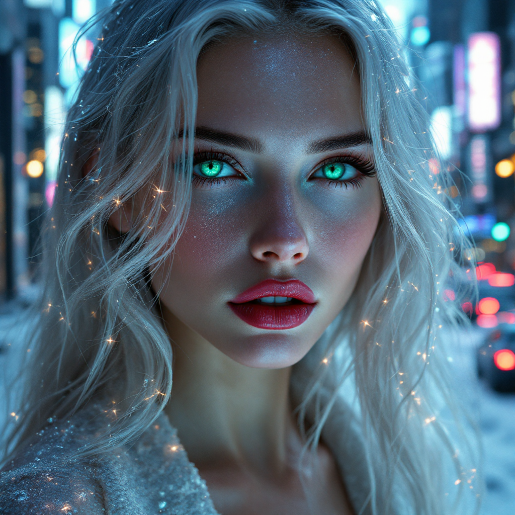 A close-up of a woman with flowing blonde hair illuminated by soft sparkles, her striking green eyes and vibrant lips contrasting against a bustling city backdrop at night.