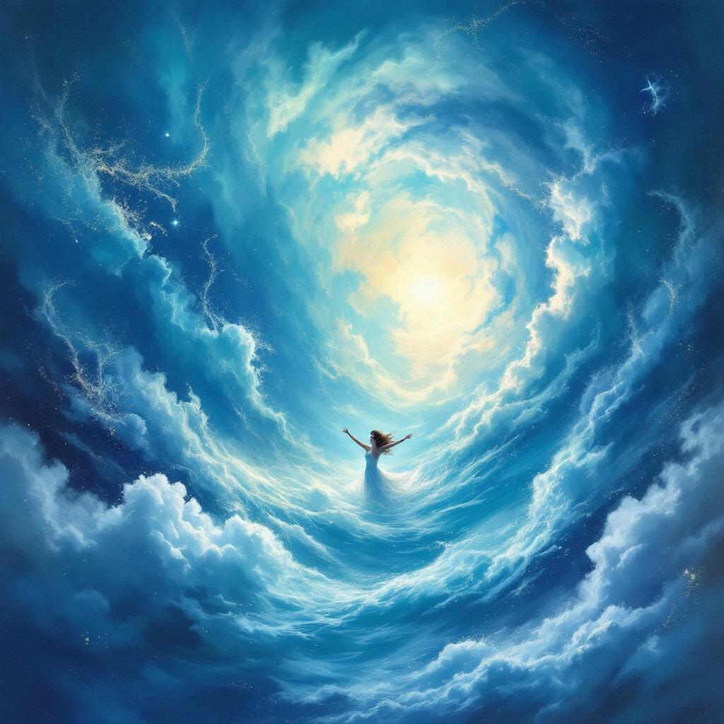 A figure in a flowing dress stands amidst swirling blue clouds, arms outstretched towards a radiant light, embodying the contrasting elements of friendship: both stability and chaos.