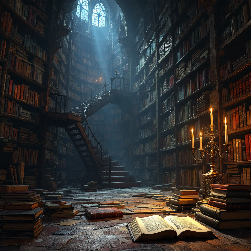 A dimly lit, ancient library filled with towering bookshelves, scattered open books, and a glowing chandelier, evoking the essence of literature's value beyond morality.