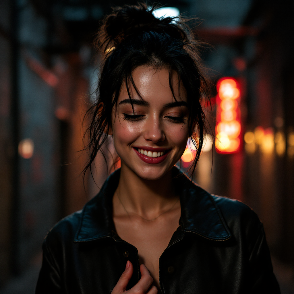 A young woman with a joyful smile stands in a dimly lit alley, embodying the spirit of the quote about embracing the wild girl within us all. Neon lights softly illuminate her presence.