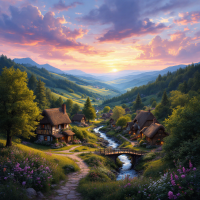 A serene landscape at sunset features charming cottages along a winding river, surrounded by lush greenery and flowers, embodying the essence of an unfinished story.