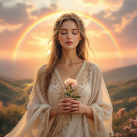 A serene woman in a flowing gown holds a flower against a backdrop of a radiant sunset and rainbow, embodying the essence of peace and the quote, The greatest victory is that which requires no battle.