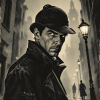 A brooding detective in a dark, foggy street, wearing a classic hat and coat, embodies the quote, reflecting on trust's weaknesses and the cunning exploitation of it.