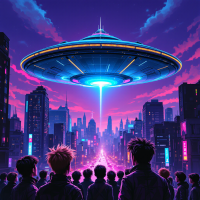 A group of figures stands in a vibrant cityscape, gazing up at a brightly lit UFO descending from the sky, evoking the idea that we may not be alone in the universe.