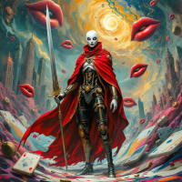 A lone figure in ornate armor and a flowing red cape stands confidently, sword in hand, amidst a surreal landscape of swirling colors, lips, and playing cards, embodying the quest for heroism.