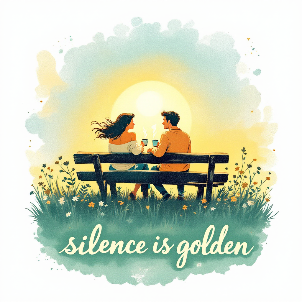 A couple sits together on a bench, enjoying a serene moment under a warm sun, embodying both joyful celebration and peaceful understanding, with the phrase silence is golden below.