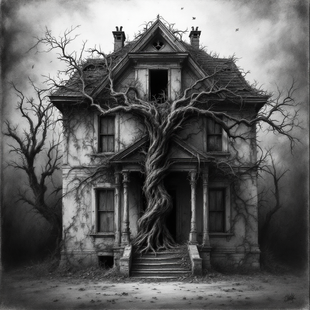 A dilapidated house entwined with gnarled trees stands in a dark, eerie landscape, embodying the blend of beauty and dread captured in the quote about truth.