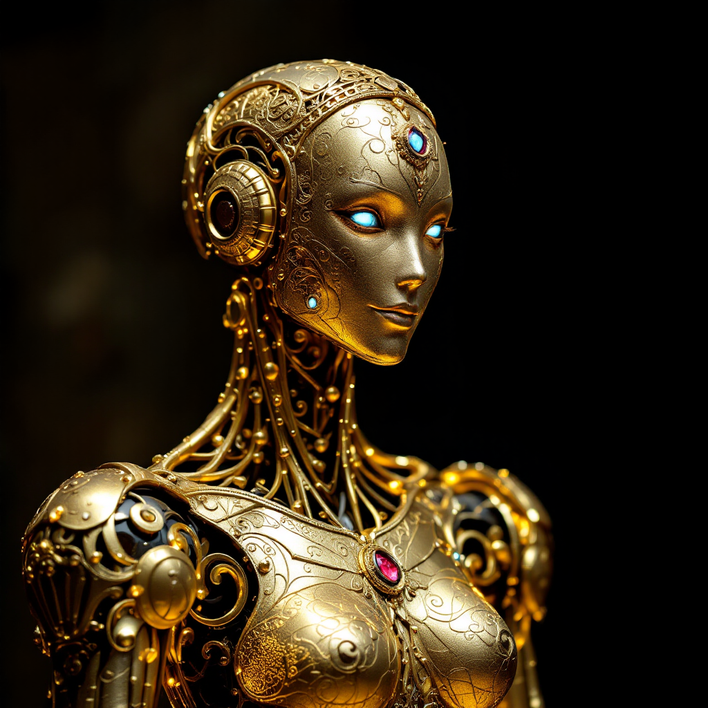 A beautifully crafted golden automaton with intricate details, embodying the pursuit of bringing life to an inanimate body, reflecting themes of creation and innovation.