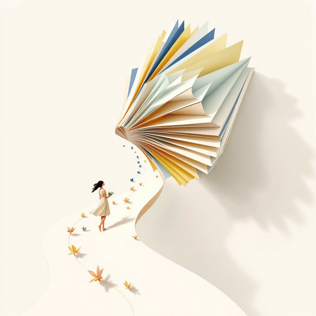 A whimsical scene of a young girl walking along a winding path formed by an oversized open book, with colorful pages resembling leaves in the autumn breeze.