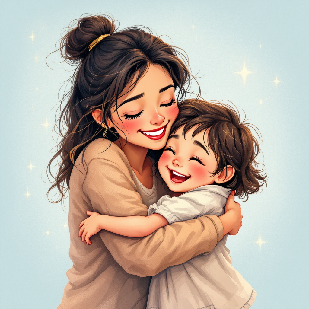 A joyful mother hugs her smiling child, embodying the essence of love that surpasses magic, with a backdrop of soft sparkles and a gentle blue hue.