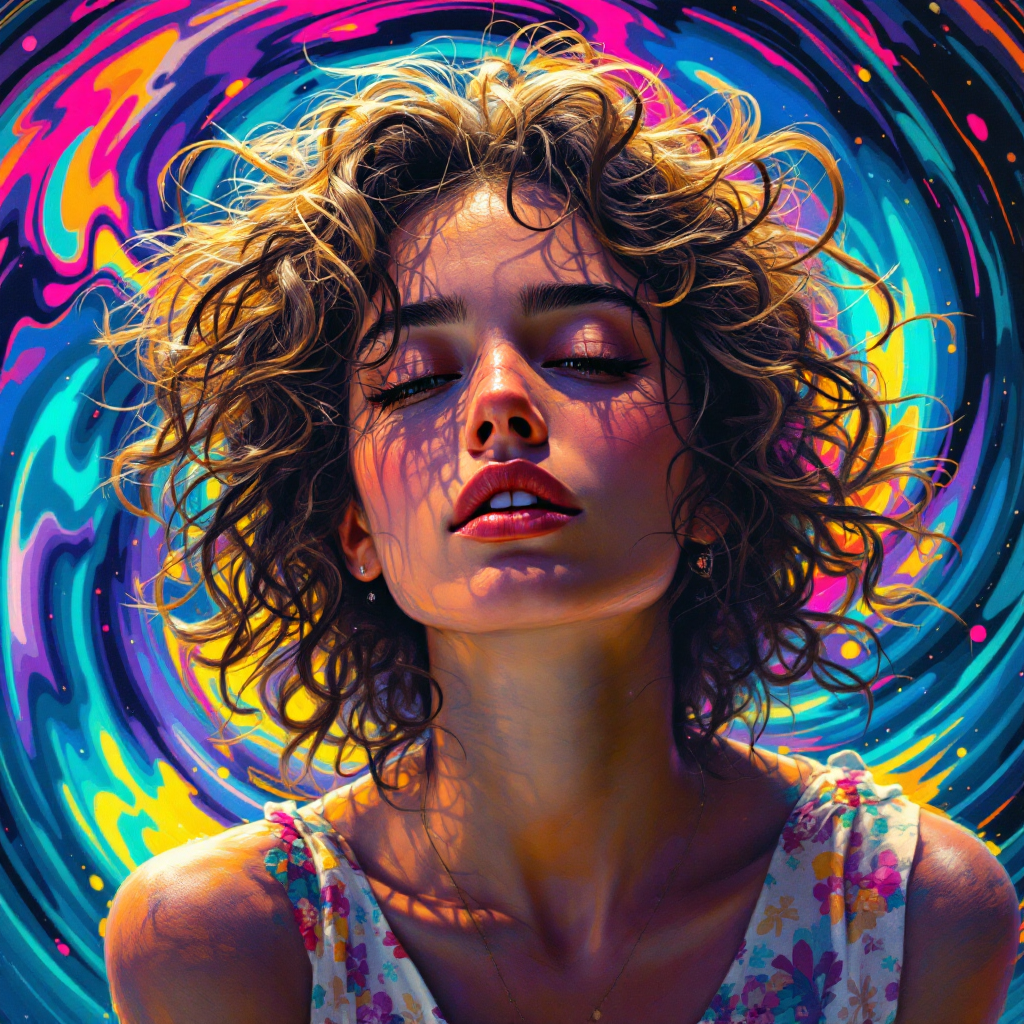 A young woman with curly hair gazes dreamily, surrounded by vibrant, swirling colors, embodying the sentiment of love's unpredictability.