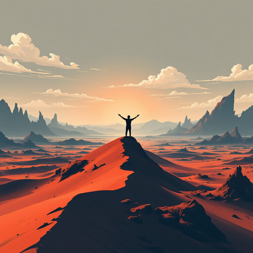 A lone figure stands triumphantly on a red sand dune, arms raised against a backdrop of rugged mountains and a hazy sunset, evoking the desolation of dreams lost in a wasteland.