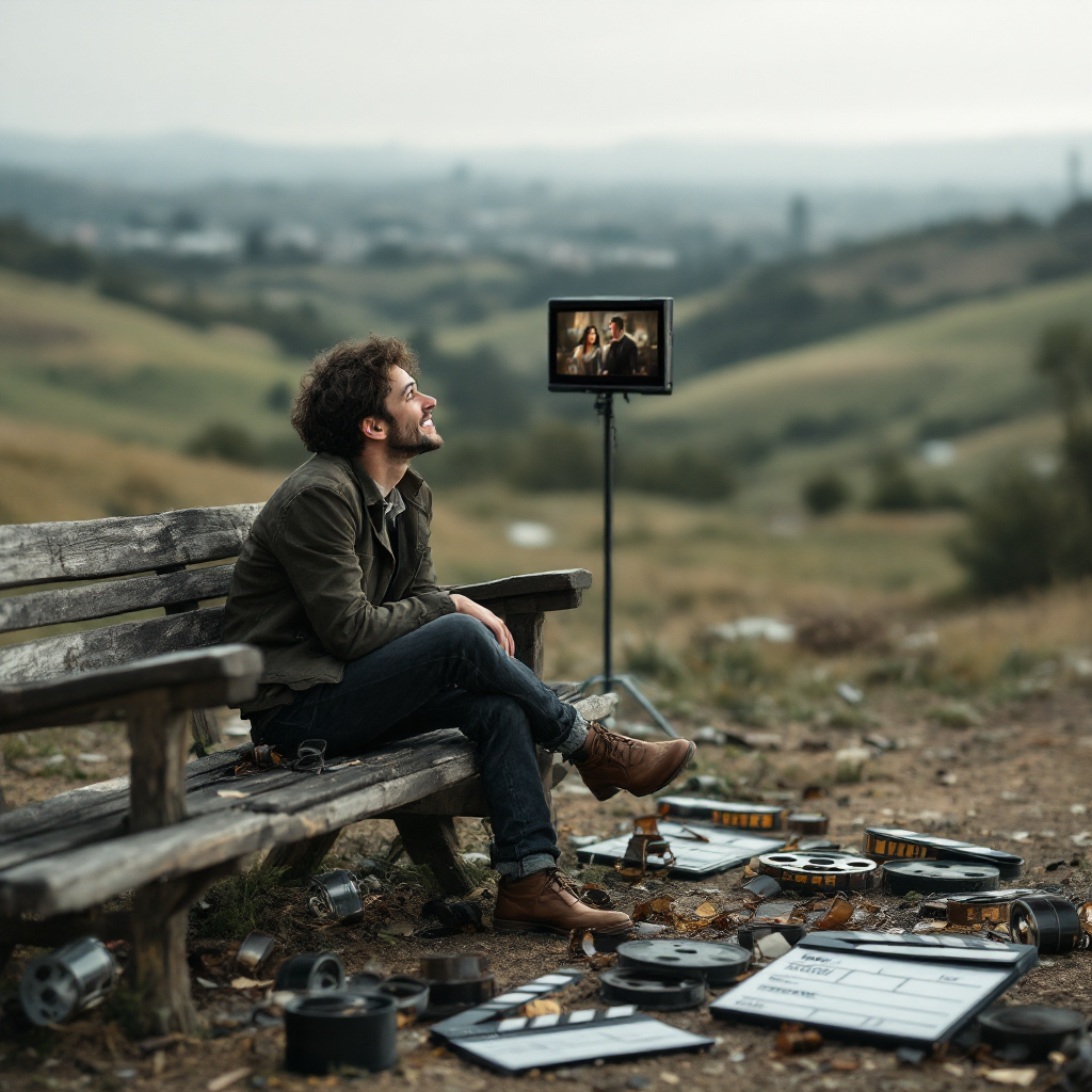 A man sits on a bench in a serene landscape, gazing at a small screen displaying a scene, surrounded by film reels and clapperboards, embodying the idea of life as a series of scenes.