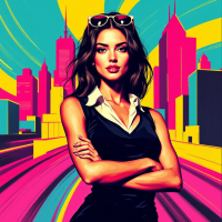 A confident woman stands with arms crossed against a vibrant city backdrop, embodying resilience and the spirit of moving forward in life, as bright colors swirl around her.