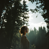 A contemplative woman stands in a sunlit forest, surrounded by towering trees. Her expression reflects the quote, There’s nothing at all to be afraid of… except your own mind.