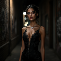 A poised woman in an elegant black dress stands confidently in a dimly lit alley, embodying the essence of determination expressed in the quote about acting despite fear.