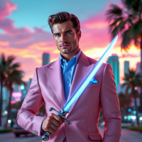 A confident man in a pink suit holds a glowing blue sword against a vibrant sunset backdrop with palm trees, embodying the quote, The man who passes the sentence should swing the sword.