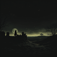 A shadowy figure stands on a rocky outcrop beneath a large, glowing moon, surrounded by dark trees and a vast, eerie landscape, evoking the quote, The night is dark and full of terrors.