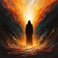 A shadowy figure stands at the center of a vibrant, swirling explosion of orange and yellow flames, embodying strength and resilience amid chaos and crisis.