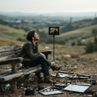 A man sits on a bench in a serene landscape, gazing at a small screen displaying a scene, surrounded by film reels and clapperboards, embodying the idea of life as a series of scenes.