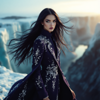 A confident woman in a beautifully embroidered purple coat stands at the edge of a snowy cliff, her hair flowing in the wind, embodying the theme of stepping outside one's comfort zone to grow.