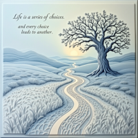 A serene landscape features a winding path leading toward a sunrise, with a bare tree on a hill. The quote reflects the theme of choices and their consequences.