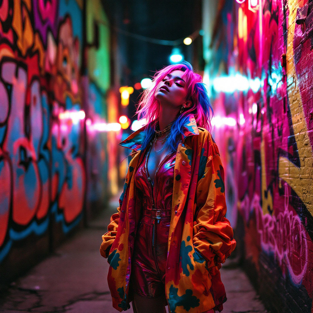 A vibrant alleyway filled with colorful graffiti, featuring a confidently posed individual in a bright, oversized jacket, embodying themes of identity and freedom in the digital age.