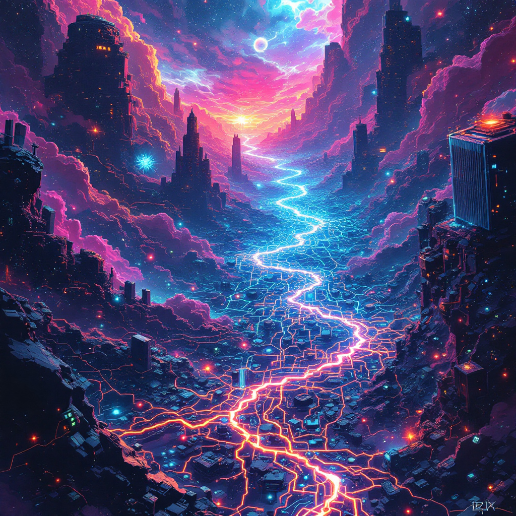 A vibrant digital landscape depicting a glowing river of light flowing through a fragmented cityscape, under a dramatic sky, symbolizing the emergence of a collective consciousness.