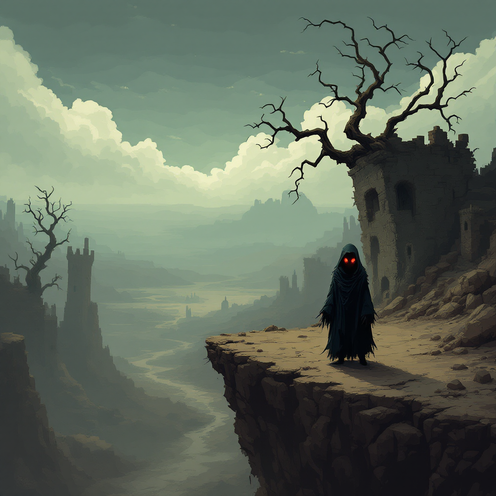 A shadowy figure in a dark cloak stands on a cliff overlooking a desolate landscape, embodying themes of suffering and existential disassembly amidst ruins and a twisted tree.