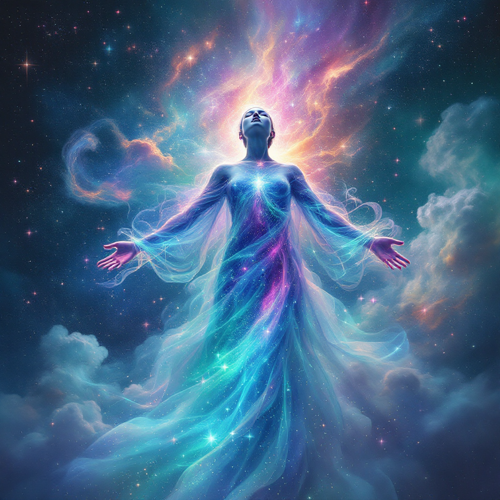 A cosmic figure with outstretched arms, enveloped in vibrant, swirling colors and stardust, embodies the connection between the self and the universe, reflecting the essence of cosmic elements.