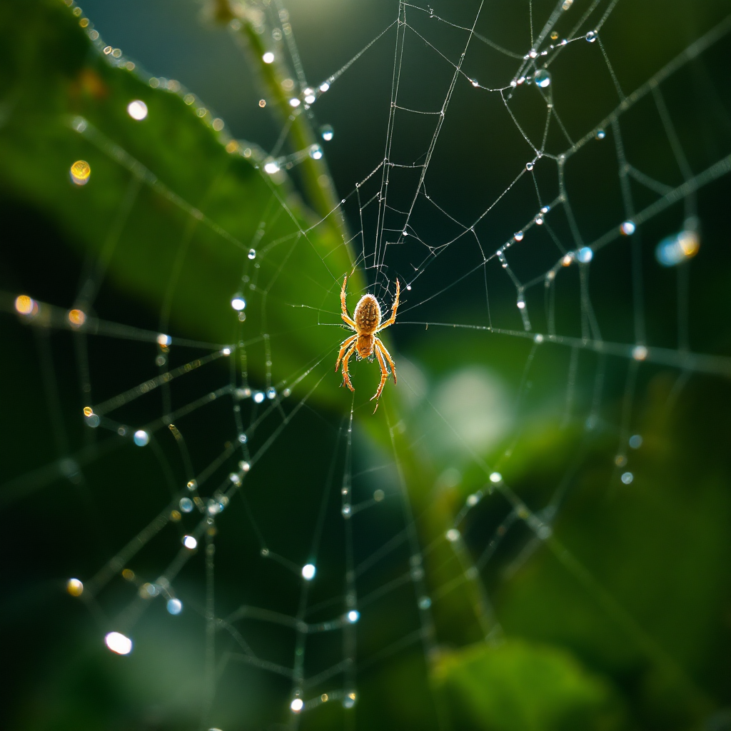 A close-up of a spider in its intricately woven web, glistening with dew drops, representing the idea that fear binds us in our shared survival instincts.