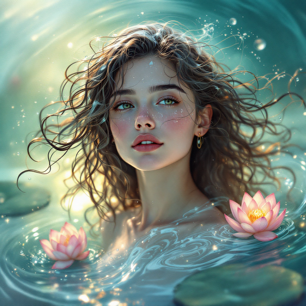 A young woman with flowing hair gazes thoughtfully, surrounded by serene water and blooming lotus flowers, embodying resilience and the beauty of living fully amidst challenges.