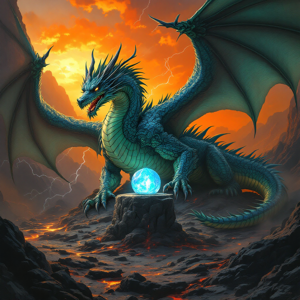 A powerful dragon with vibrant scales and expansive wings stands on a rocky outcrop, guarding a glowing orb, set against a dramatic stormy sunset.