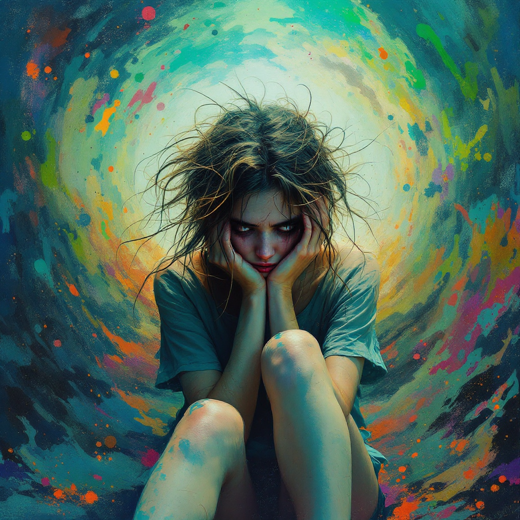 A girl sits with her head in her hands, surrounded by a swirling, colorful vortex, reflecting the turmoil of being trapped in one's own thoughts.