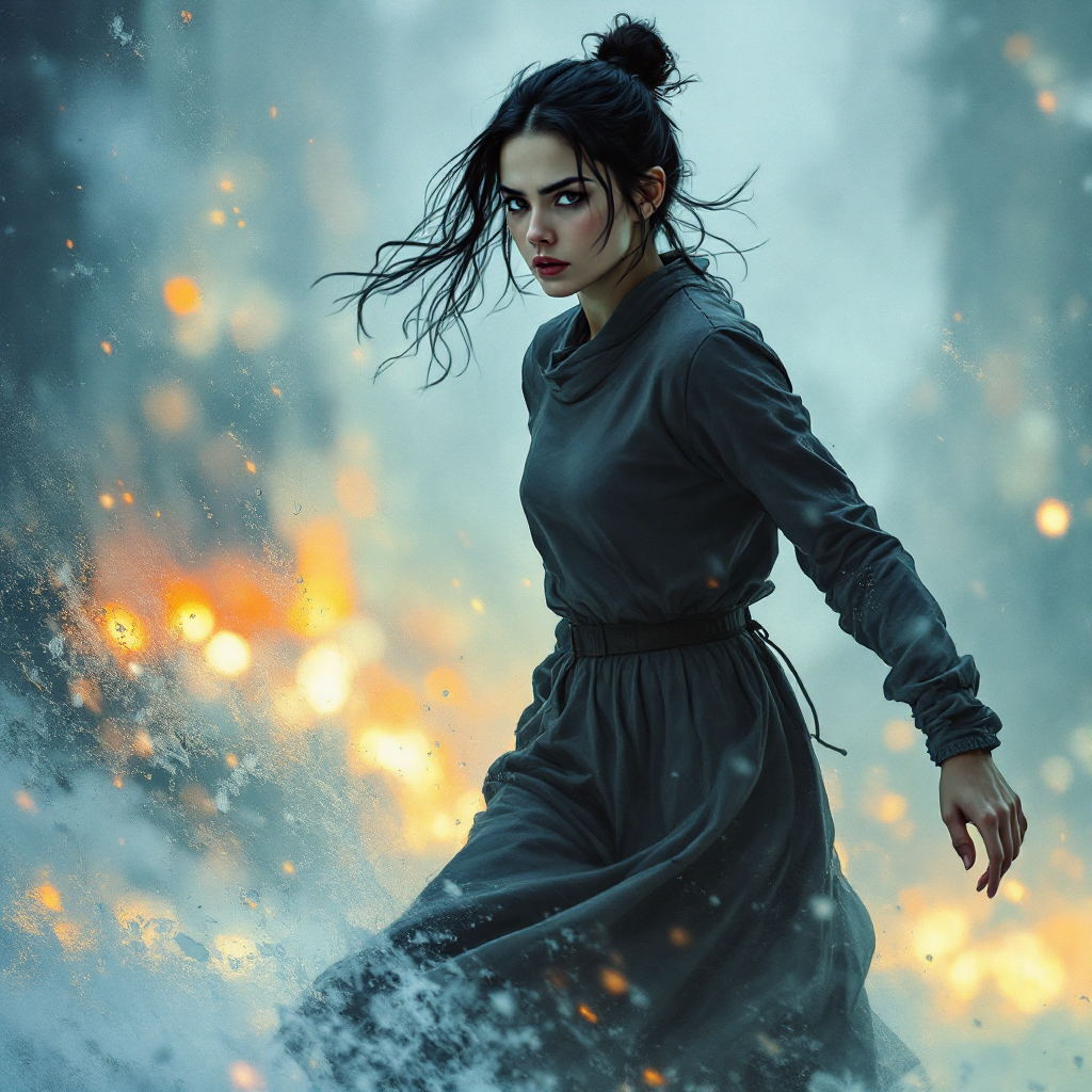 A determined woman in a dark outfit walks through a stormy landscape, surrounded by swirling snow and glowing embers, embodying the strength to keep moving forward despite adversity.