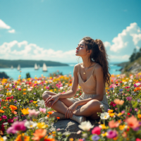 A contemplative woman sits among vibrant flowers, gazing serenely at a tranquil bay, embodying the essence of the quote, We are what we love, not what loves us back.