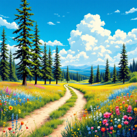 A vibrant landscape showcases a winding dirt path through fields of wildflowers beneath a bright blue sky dotted with fluffy clouds, capturing the beauty and wild freedom described in the quote.