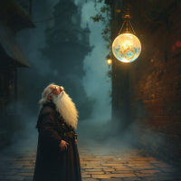 A wise figure with a long white beard gazes up in wonder at a glowing orb hanging in a misty, enchanting alley, reflecting on the extraordinary in simple things.