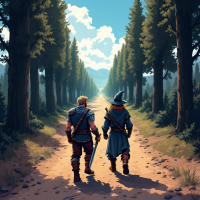 Two travelers, a warrior and a wizard, walk side by side along a tree-lined path, symbolizing years of companionship on their journey together through lush landscapes.