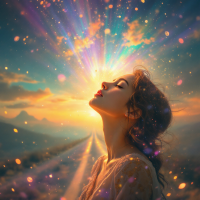 A woman gazes upward, bathed in radiant colors as light bursts from her head, symbolizing personal transformation and the journey to change the world around her.