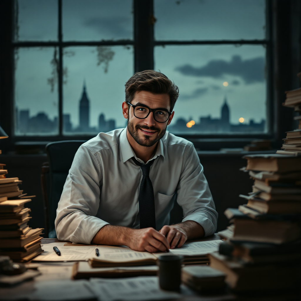 A man in a white shirt and tie sits confidently at a desk surrounded by stacks of books, with a city skyline visible through the window, embodying the quote about financial prudence.