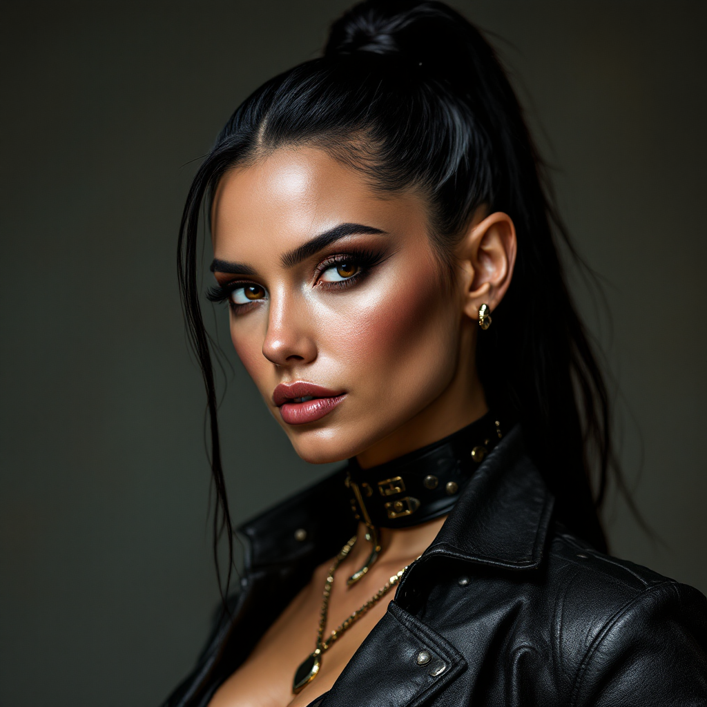 A tall, confident woman with striking features and wise eyes gazes intently. Her long, dark hair is styled in a sleek ponytail, accented by a fashionable leather jacket and bold jewelry.