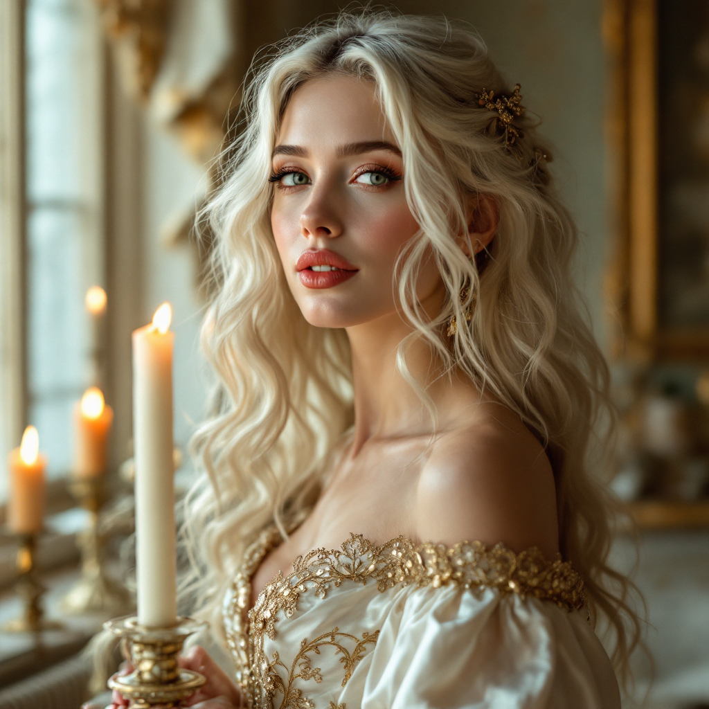 A beautiful albino woman with long, white hair stands elegantly, wearing an ornate dress. She holds a candle, embodying the ethereal beauty of Olivia Presteign, exuding a captivating aura.