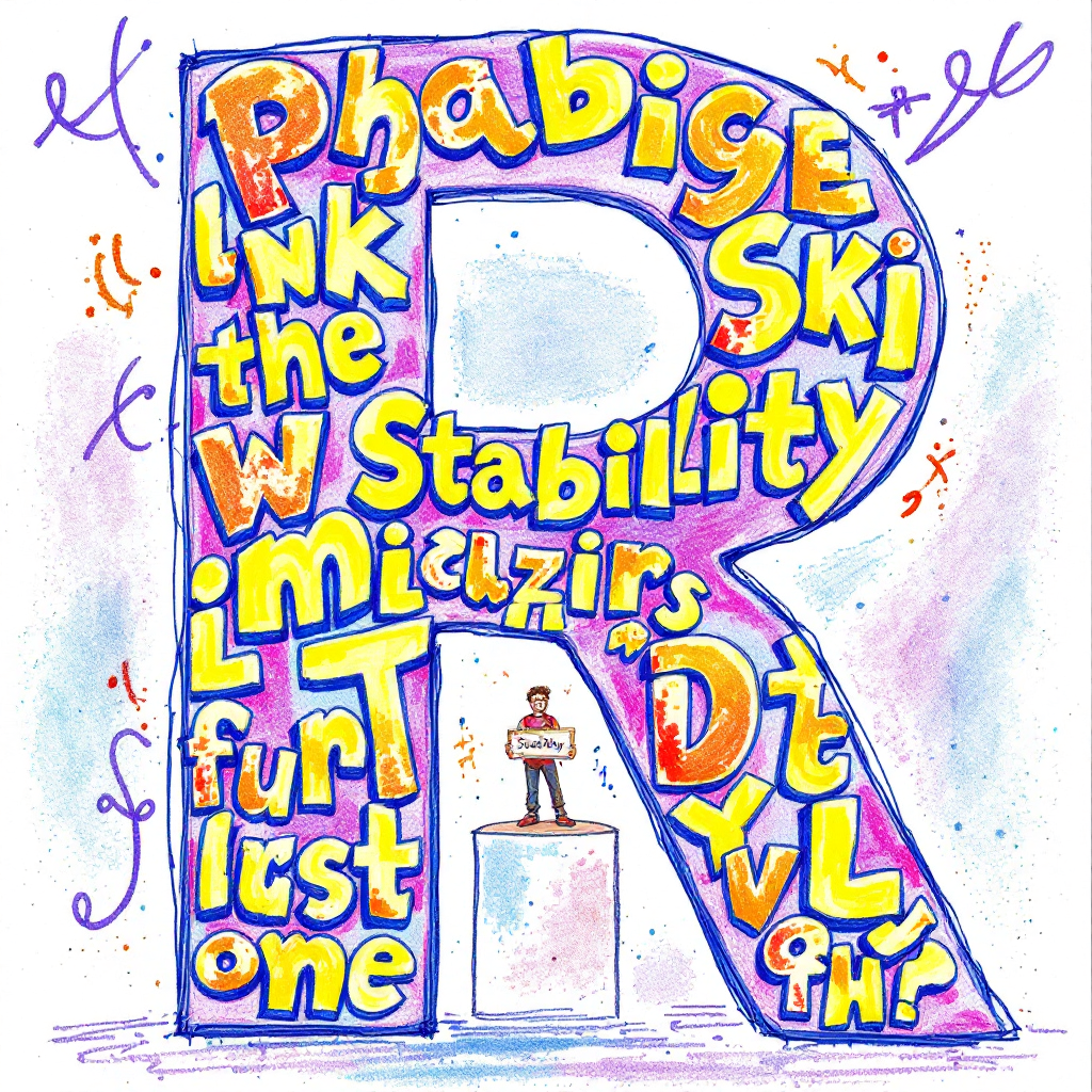 A colorful illustration featuring a large letter R filled with words related to stability, while a small figure stands on a pedestal, symbolizing the concept of enduring reputation.