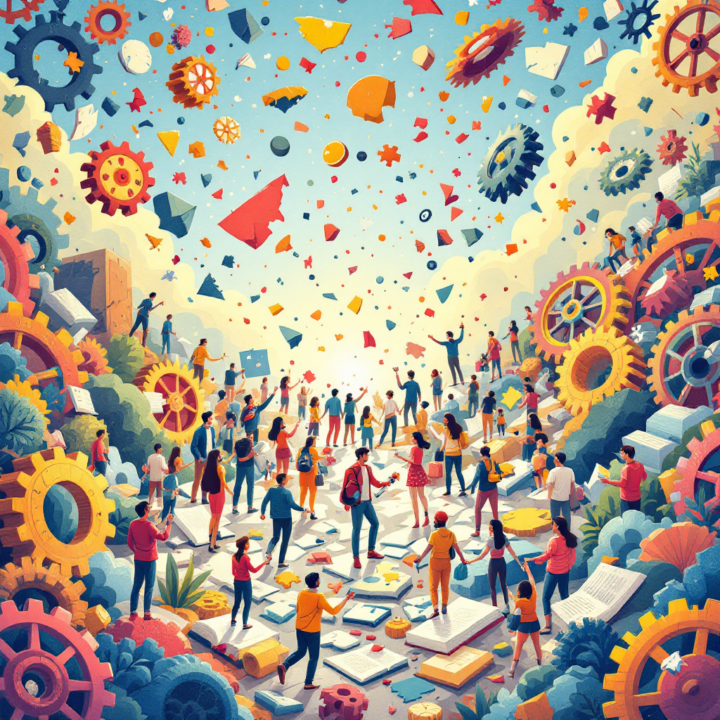 A vibrant scene depicting diverse people collaborating amidst swirling gears and scattered pieces, symbolizing hope and creativity in piecing together a fragmented world.